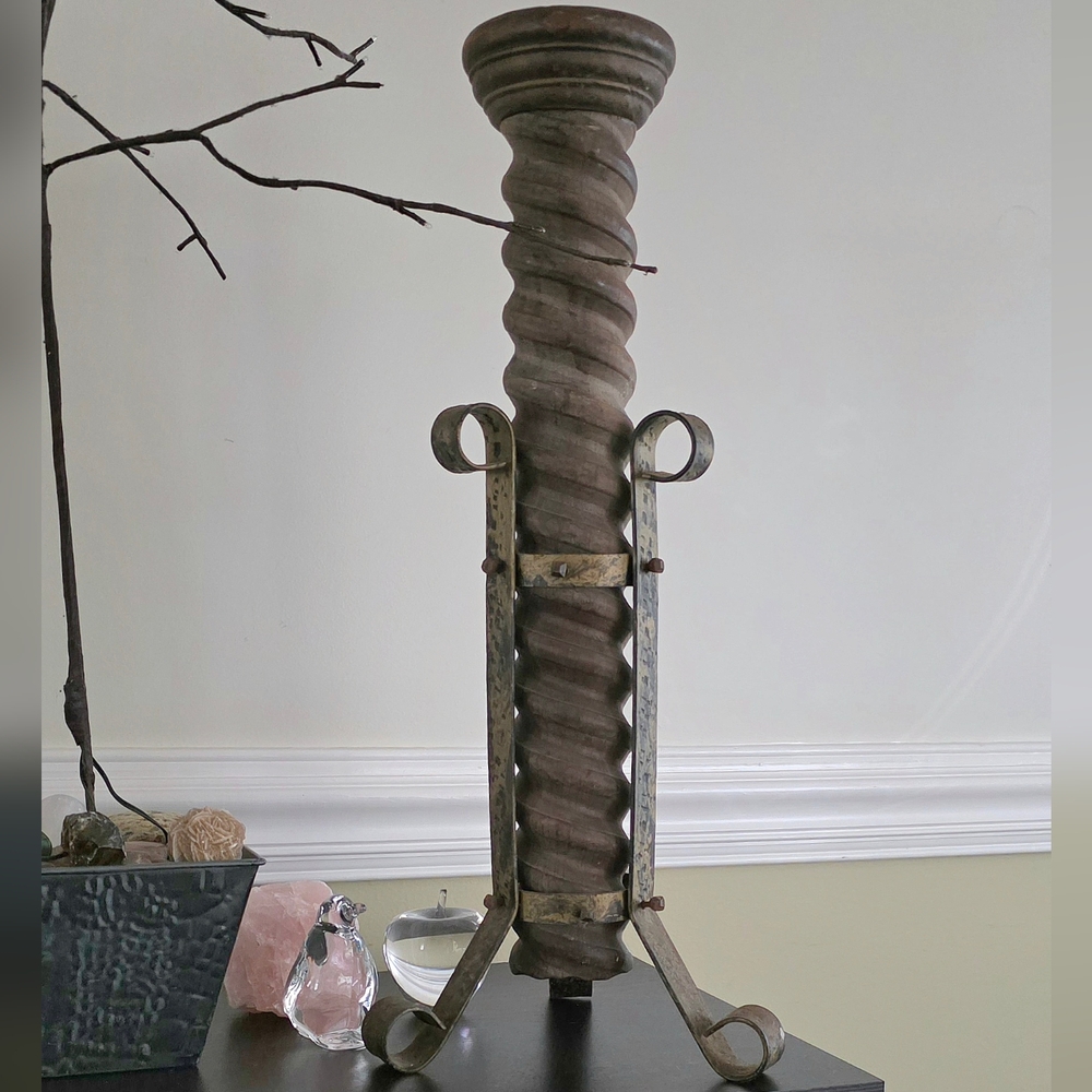 VINTAGE TALL ITALIAN WOOD & GILT IRON CANDLESTICK HOLDER
